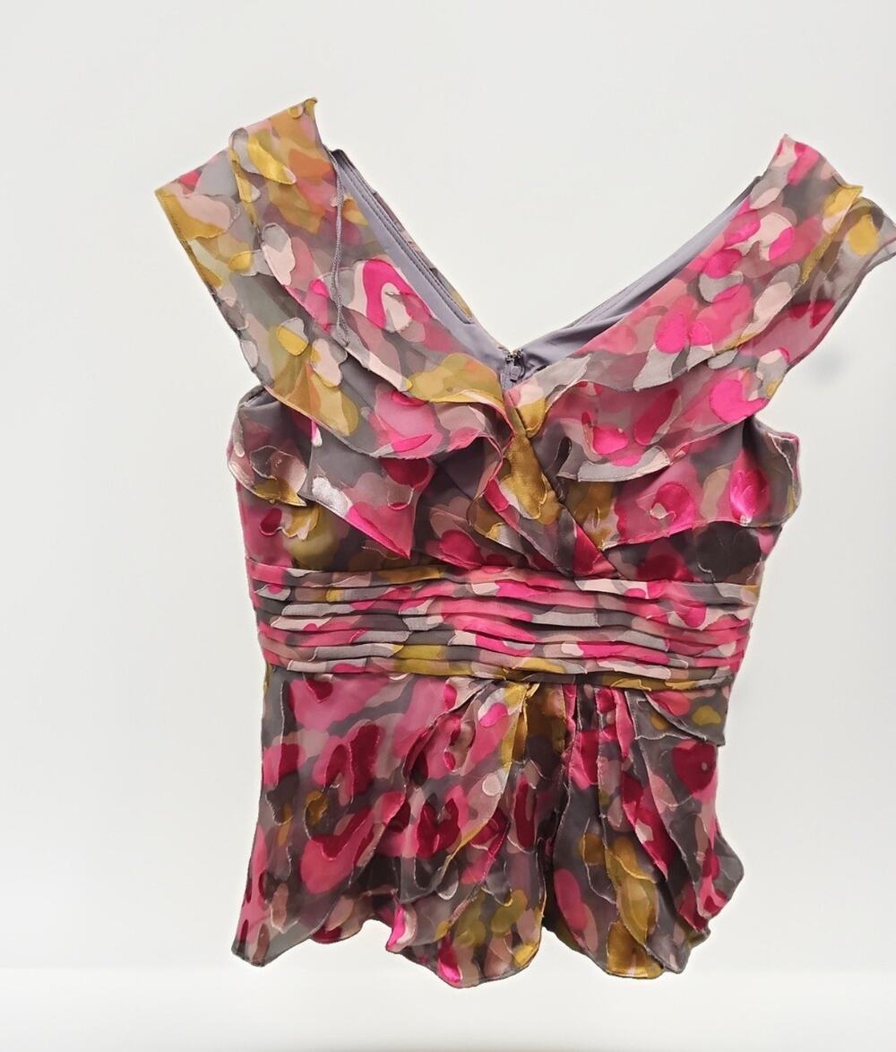 Vintage Disco 80’s Mod Victor Costa Chiffon Pink Floral Ruffle Top - Size 10